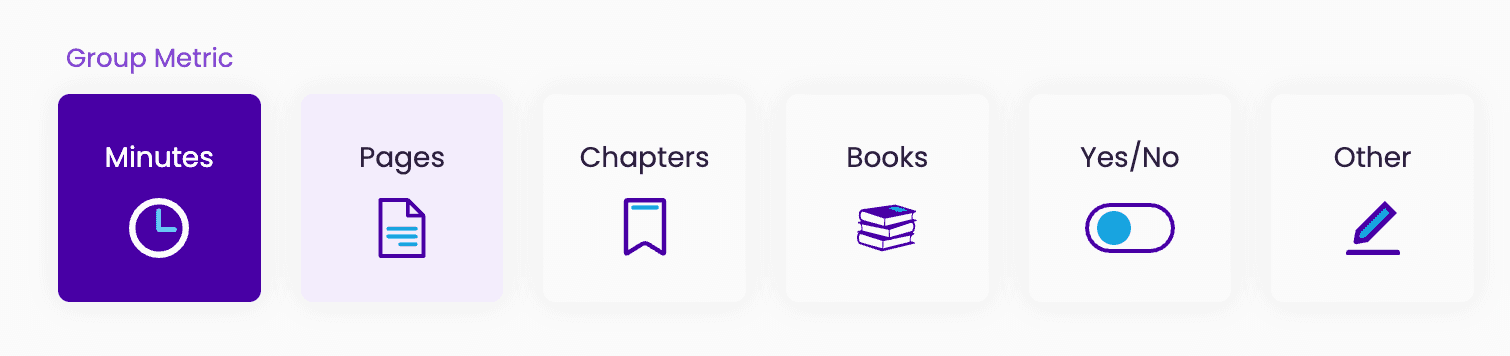 Reader Zone reading goal choices including minutes, pages, chapters, and books