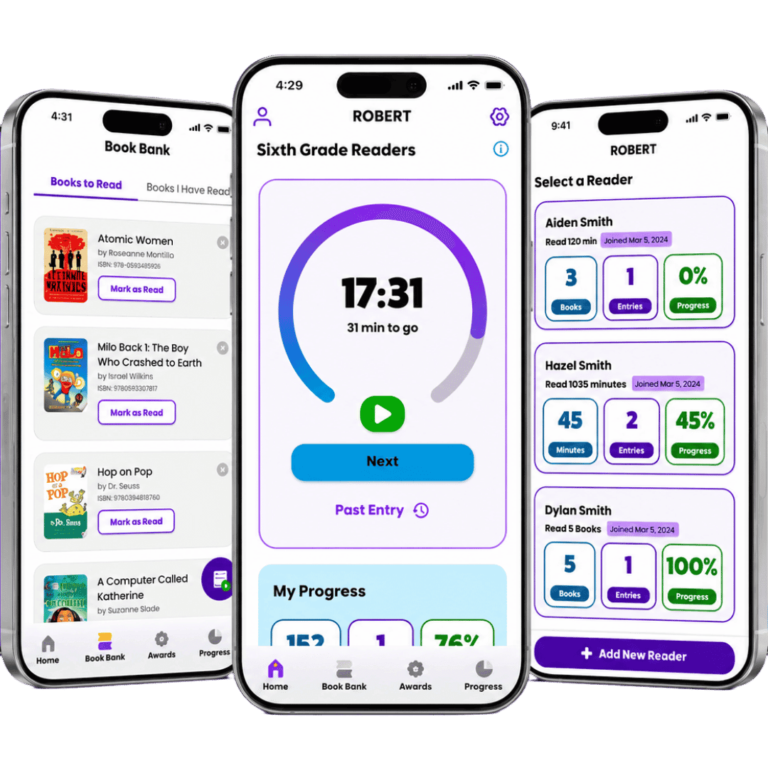 Reader Zone mobile app screens for logging reading, following progress, and managing multiple readers